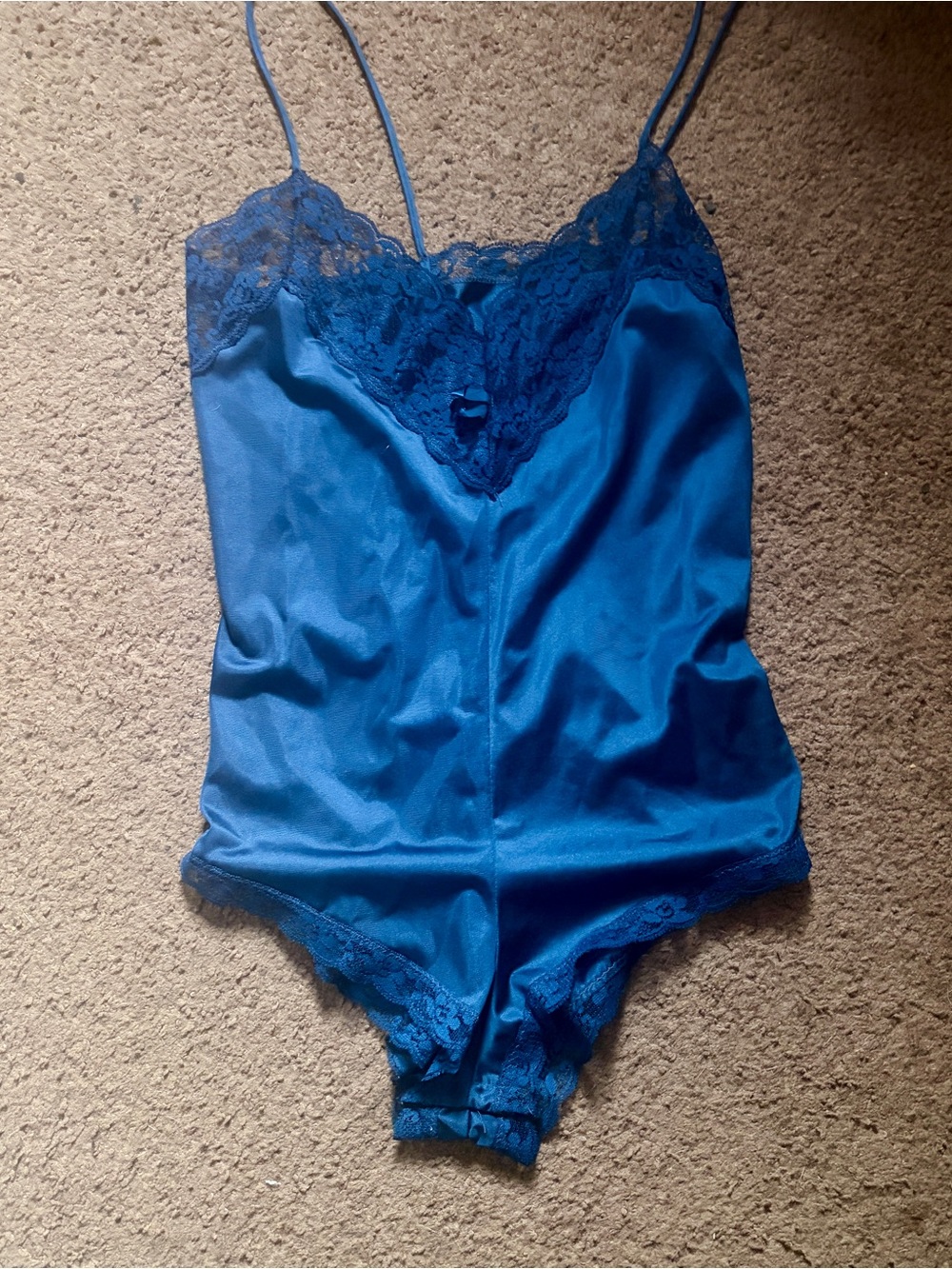 VTG 70s Royal Blue Lace-Trim Satin Cami Bodysuit USA Made Sliperfection Brand